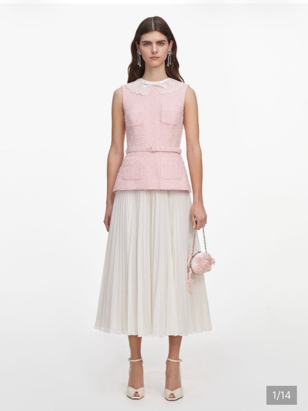 Self-Portrait Pink Bouclé Top with Cream Pleated Midi Skirt